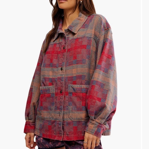 Free People Tops - Free People Plaid Shacket in Red, Pink, Blue and Tan